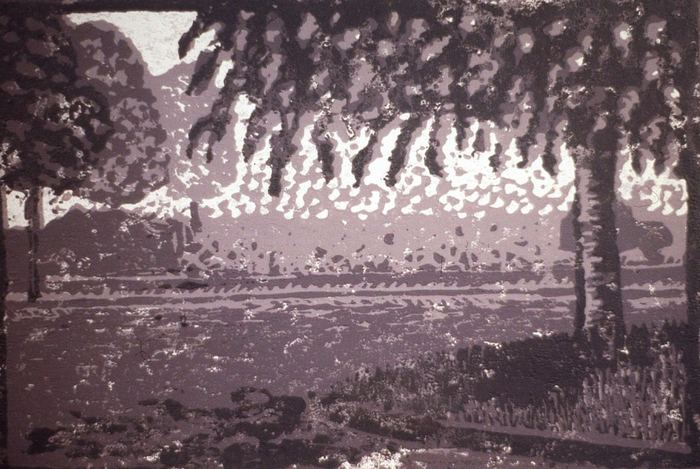 Pointillist landscape of trees beside water