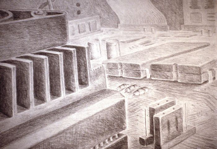 Surreal graphite landscape of geometric blocks and machinery