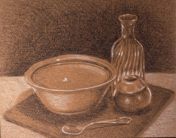 Chalk-and-conte still life of a bowl, bottle, and spoon