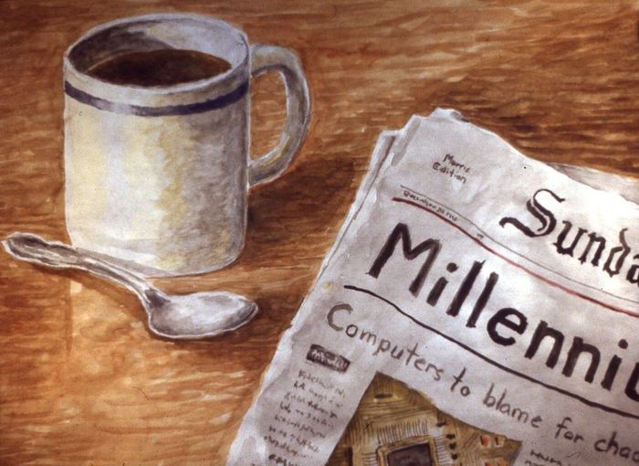Watercolor of a coffee mug beside a 'Sunday Millennium' newspaper