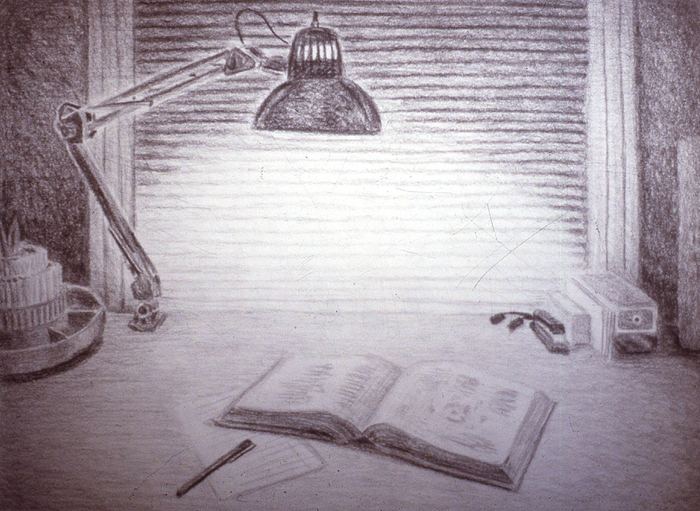 Pencil drawing of an angled desk lamp lighting an open book