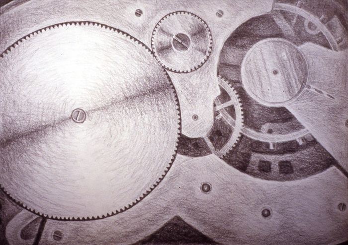 Pencil drawing of clockwork gears in close-up