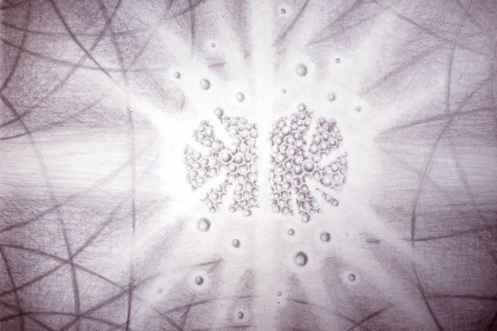 Pencil drawing of a cluster of spheres bursting with light, like a splitting cell