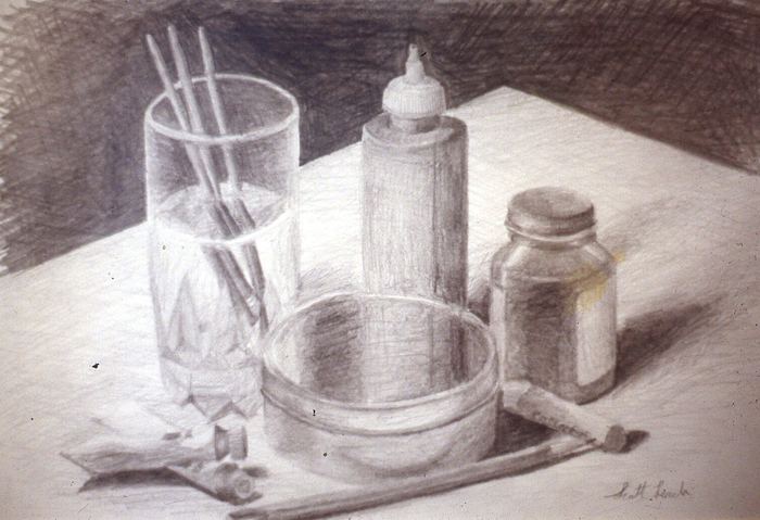 Pencil still life of a glass of brushes, a squeeze bottle, and a jar