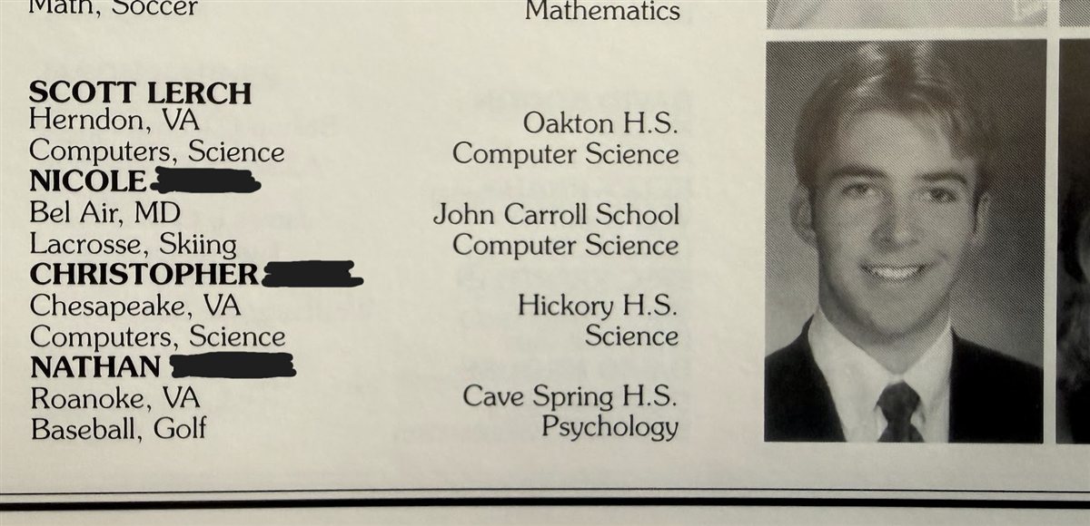 A scan of a William and Mary yearbook page listing 'Scott Lerch, Herndon VA, Computers, Science, Oakton H.S., Computer Science', with classmates' surnames blacked out